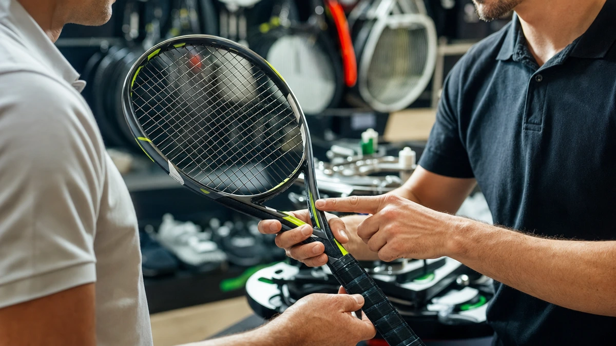 importância da renovação de equipamentos para tennis: Cena de consultoria de equipamentos de tênis na Sportfan